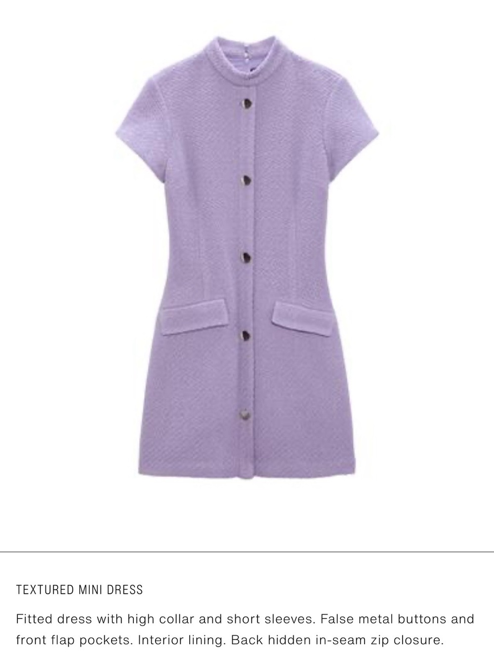 Zara Lilac Textured Mini Dress with Gold Buttons